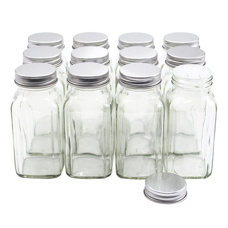 U-Pack 12 pieces of French Square Glass Spice Bottles 6 oz Spice Jars with Silver Metal Lids, Shaker Tops, and Labels by U-Pack - Image 1
